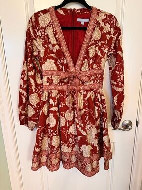 ANTONIO MELANI Rust Red and Cream Floral Tie-Waist Long Sleeve Dress